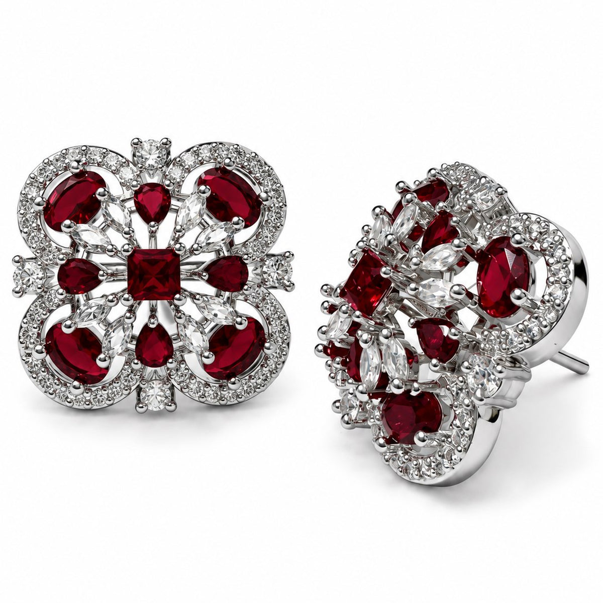 Red Scrollwork Floral Stud Earrings in silver plating