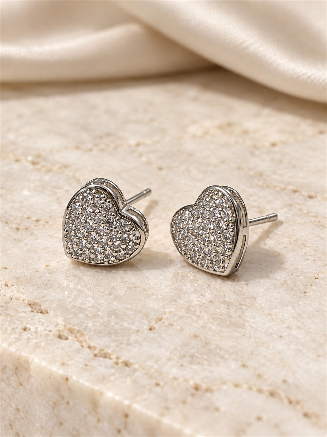 Clear Pave Rounded Heart Stud Earrings, silver plated, lifestyle view