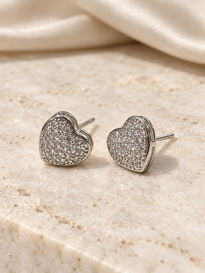 Clear Pave Rounded Heart Stud Earrings, silver plated, lifestyle view