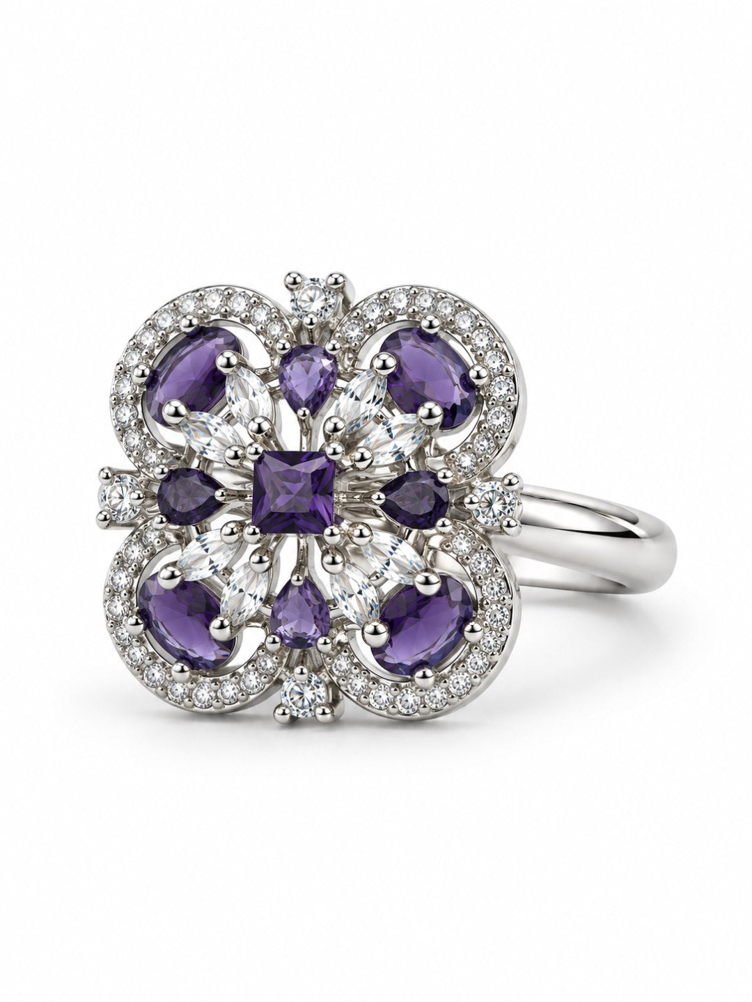 Purple Square Center Quatrefoil Ring - Silver Plated - alternate view
