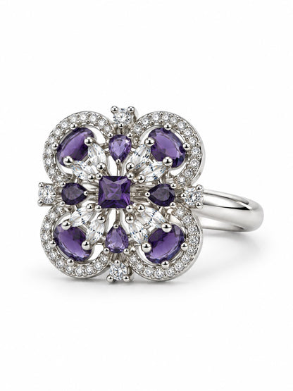 Purple Square Center Quatrefoil Ring - Silver Plated - alternate view