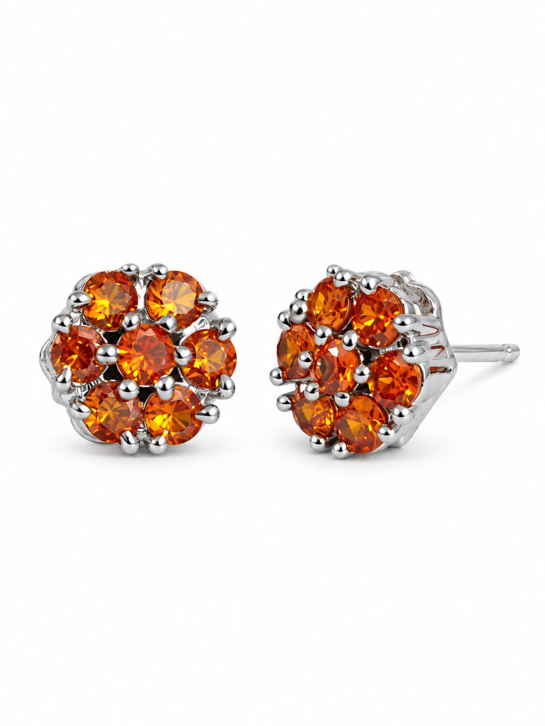 Orange Stone Floral Cluster Stud Earrings, silver plated, alternate product view