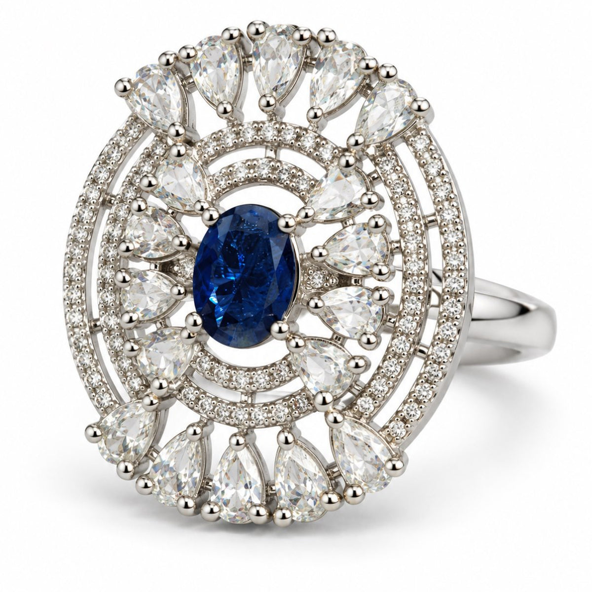 Blue Oval Center Halo Ring - Silver Plated - product view