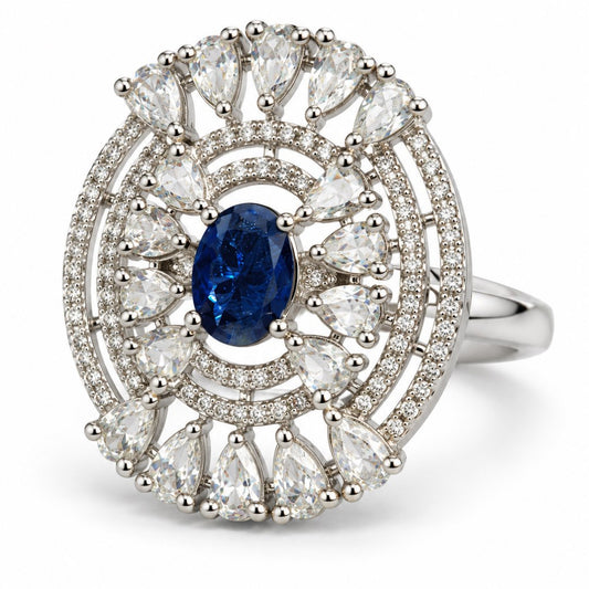 Blue Oval Center Halo Ring - Silver Plated - product view
