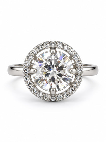 Clear Round Solitaire Halo Ring - Silver Plated