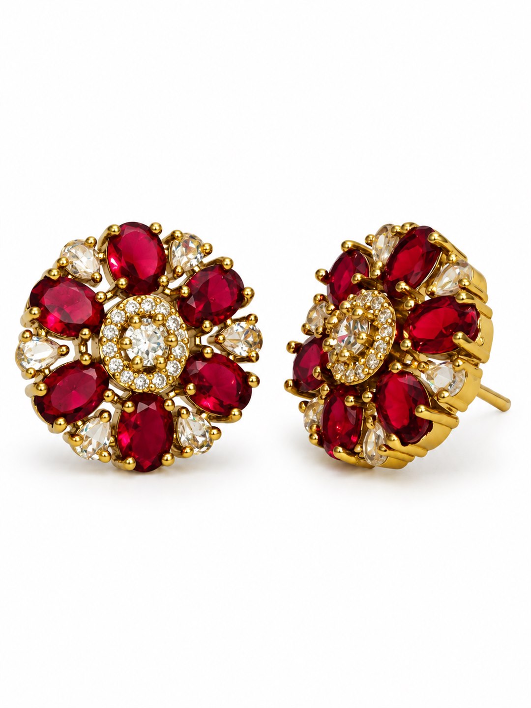 Red Oval Petal Floral Stud Earrings - Gold Plated