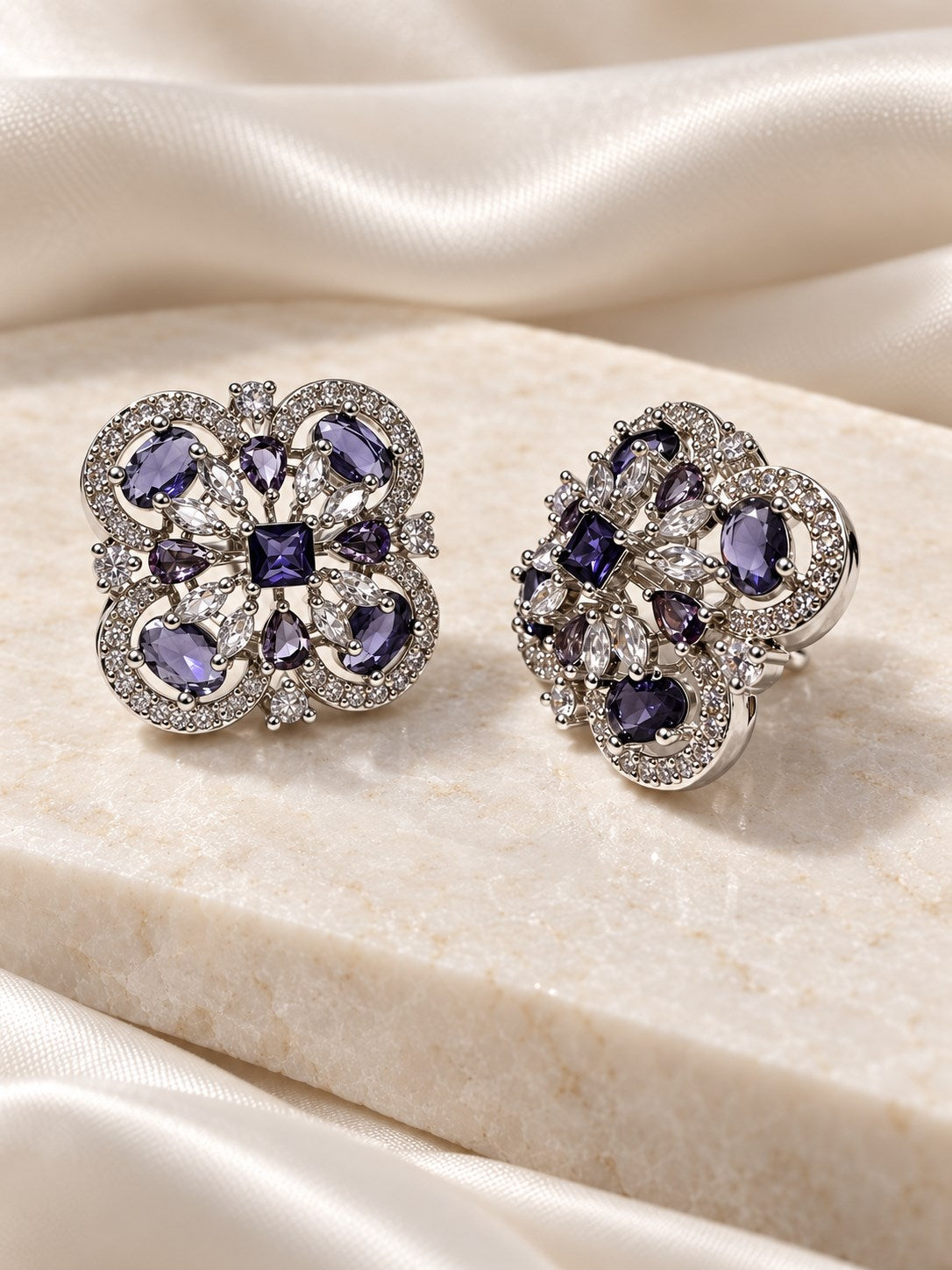 Purple Scrollwork Floral Stud Earrings in silver plating