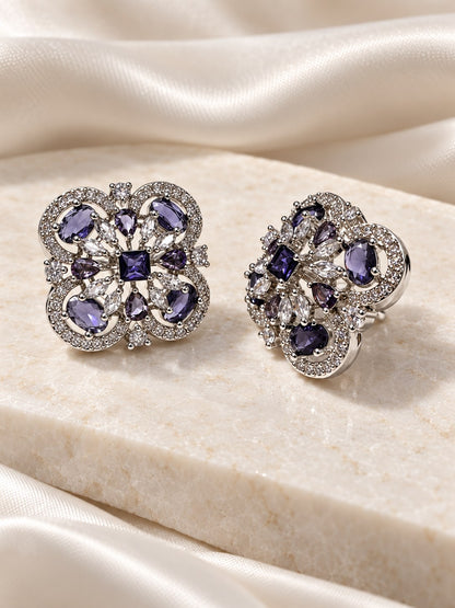 Purple Scrollwork Floral Stud Earrings in silver plating