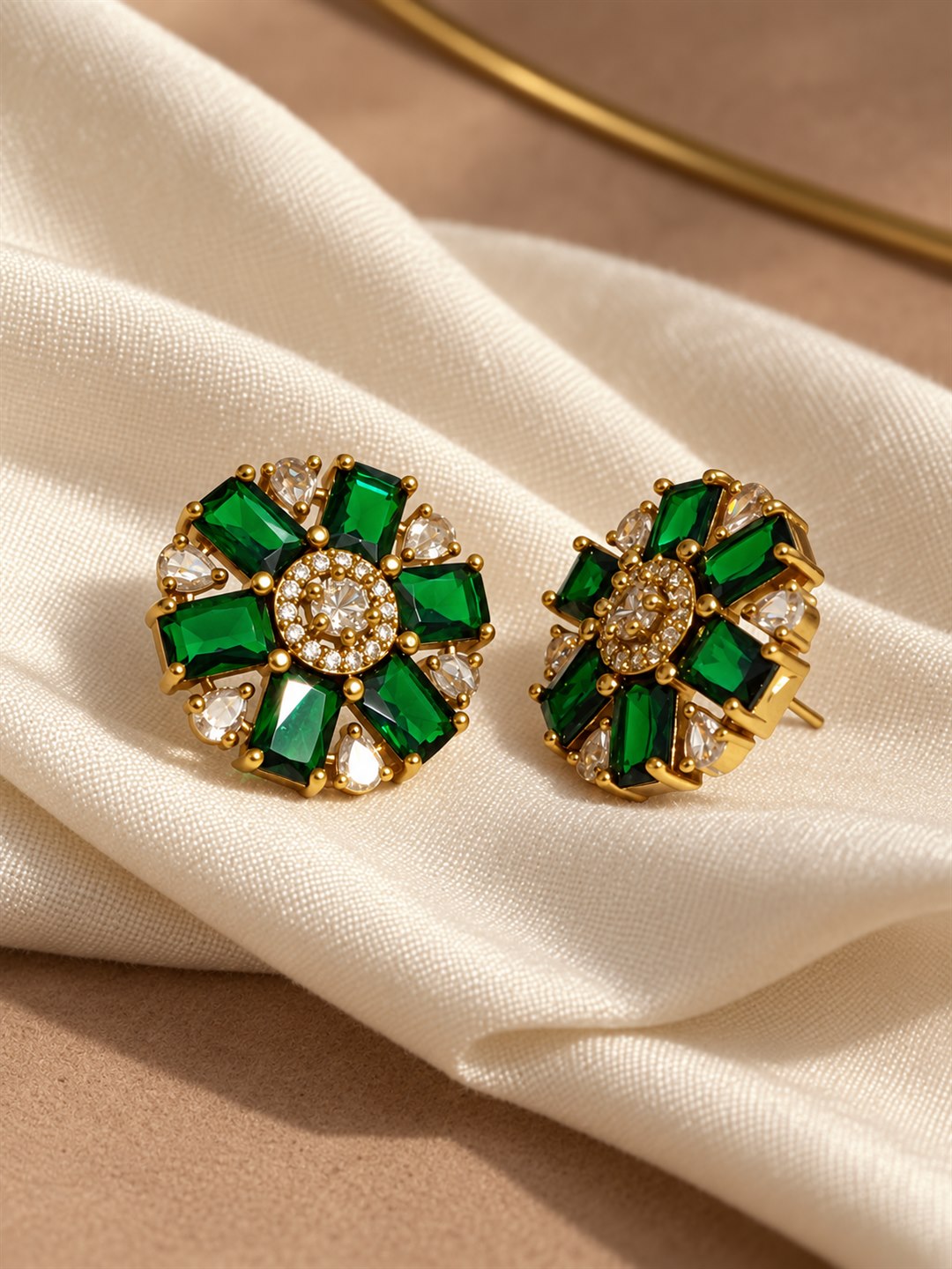 Green Baguette Petal Floral Stud Earrings - Gold Plated