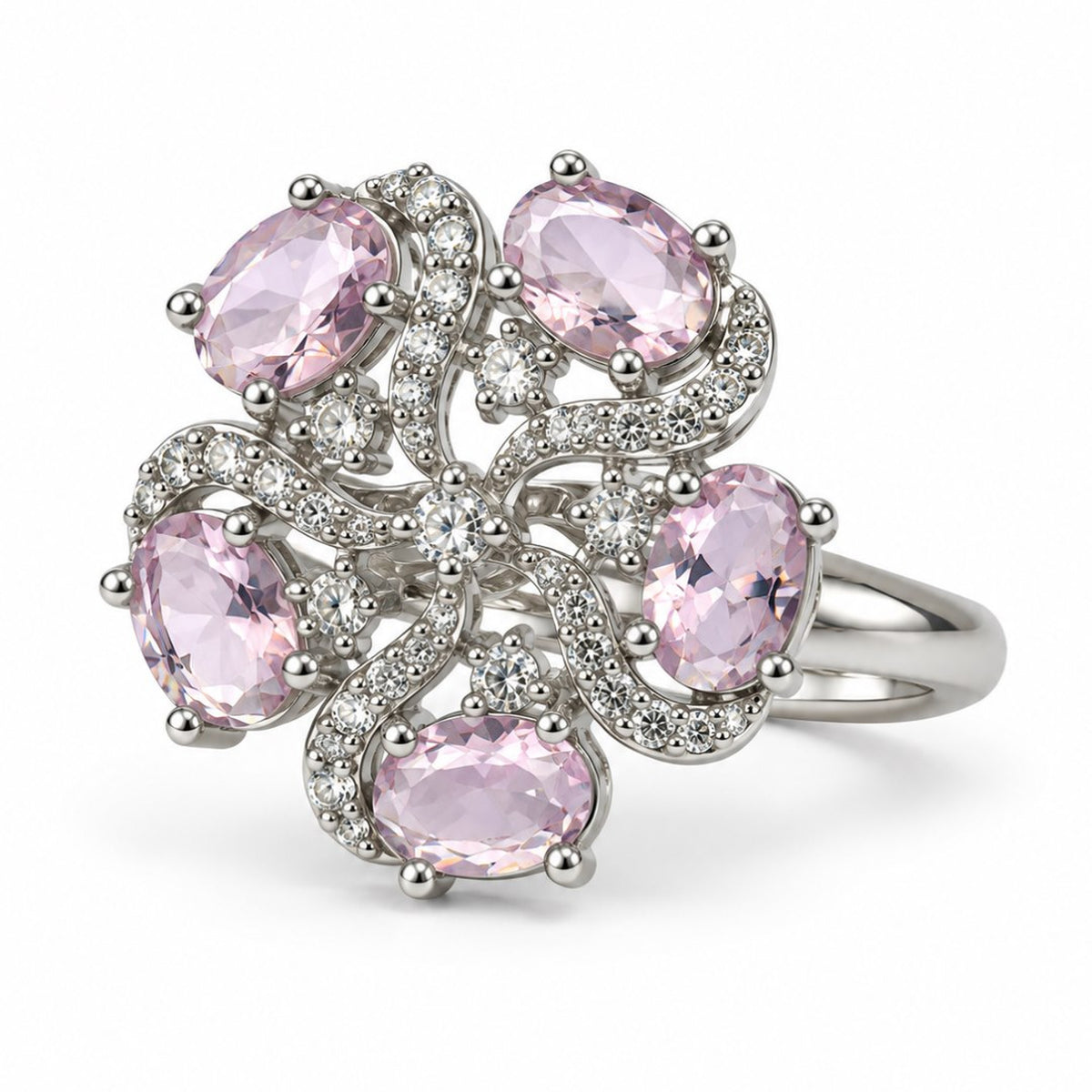 Pink Oval Stone Floral Ring - Silver Plated - product view