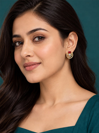 Red Stone Double Halo Stud Earrings, gold plated, styled on model