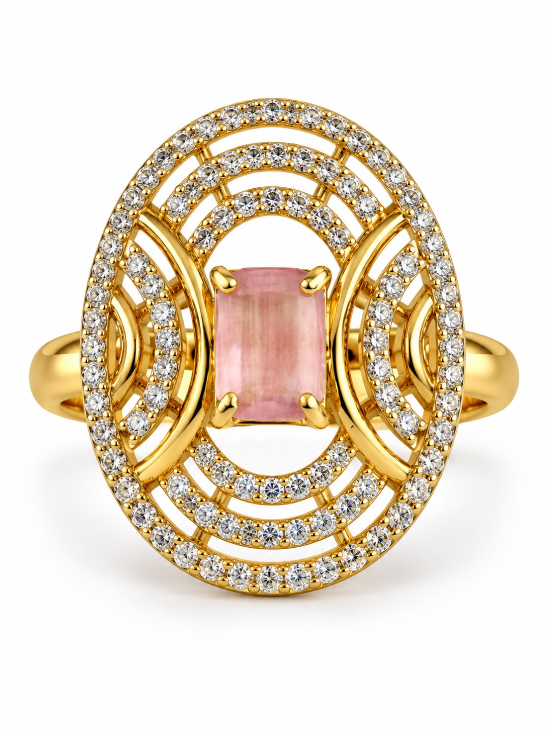 Pink Center Stone Oval Geometric Halo Ring - Gold Plated