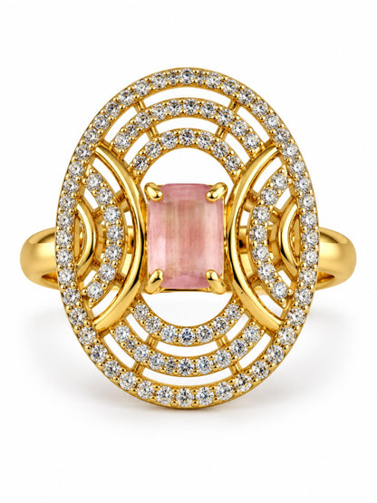 Pink Center Stone Oval Geometric Halo Ring - Gold Plated