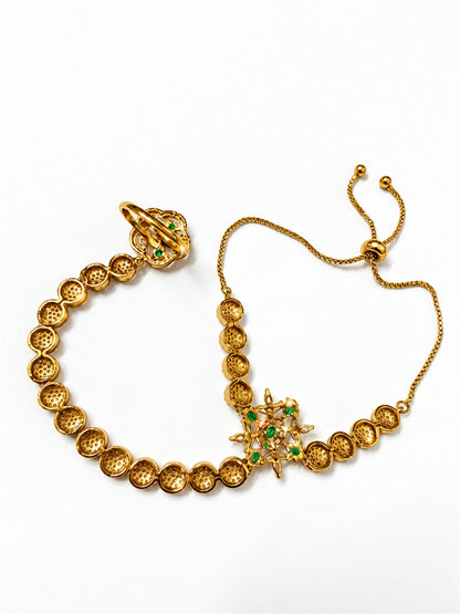 Green Floral Round-Stone Chain Hathphool - Mehndi Plated