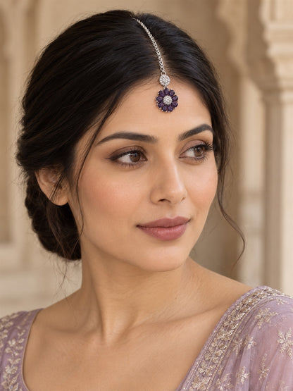 Purple Teardrop Floral Maang Tikka - Silver Plated, additional view 3