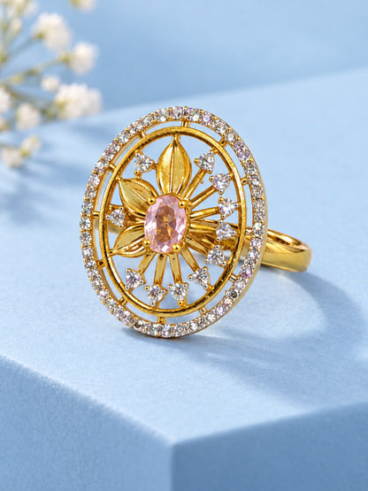 Pink Center Stone Oval Sunburst Ring - Gold Plated