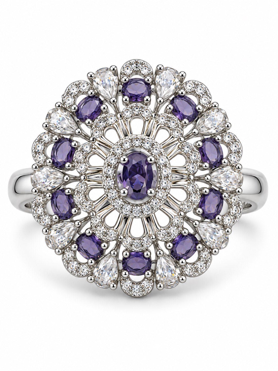Purple Oval Center Floral Cluster Ring - Silver Plated - alternate view