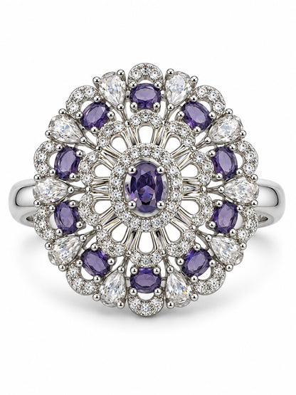 Purple Oval Center Floral Cluster Ring - Silver Plated - alternate view
