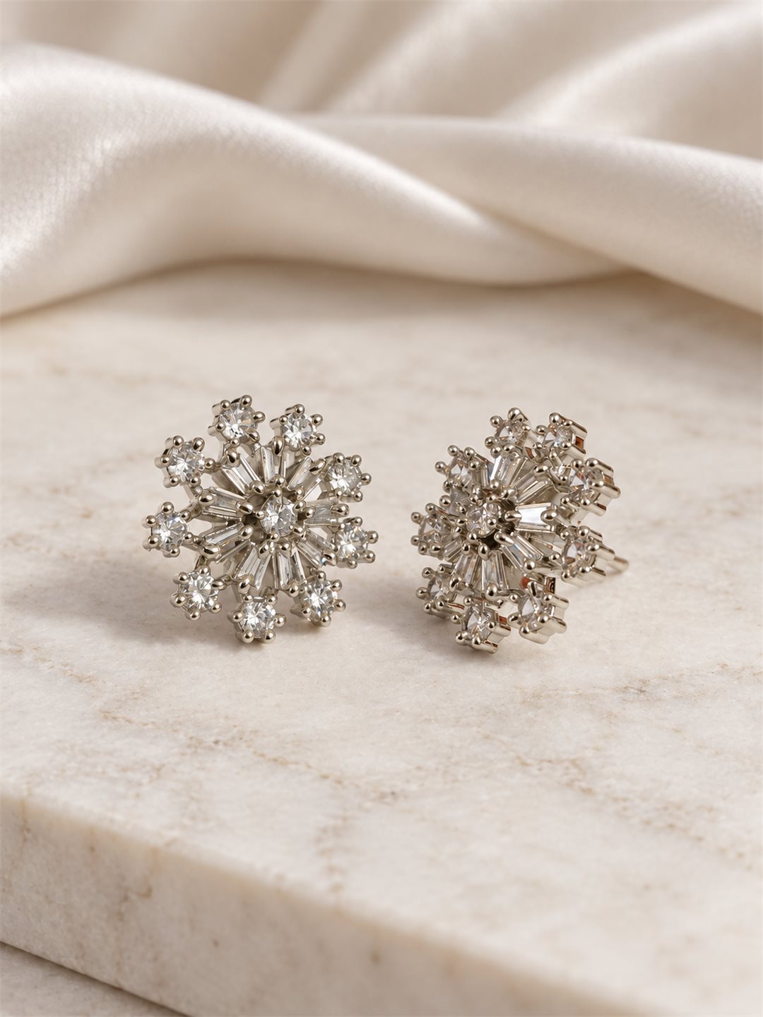 Clear Baguette Sunburst Stud Earrings, silver plated, lifestyle view