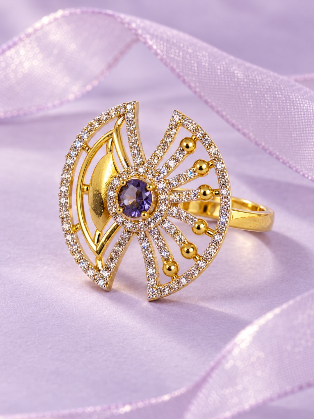 Purple Center Stone Fan Motif Ring - Gold Plated