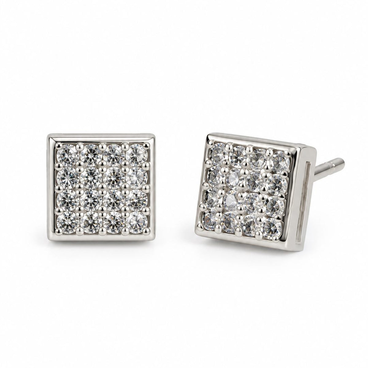 Clear Pave Square Stud Earrings, silver plated