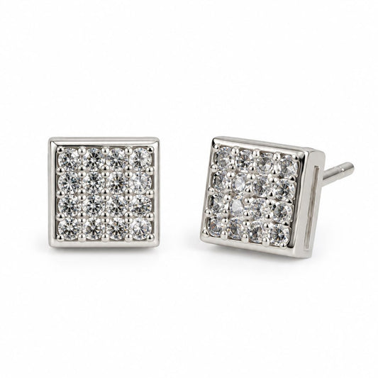 Clear Pave Square Stud Earrings, silver plated