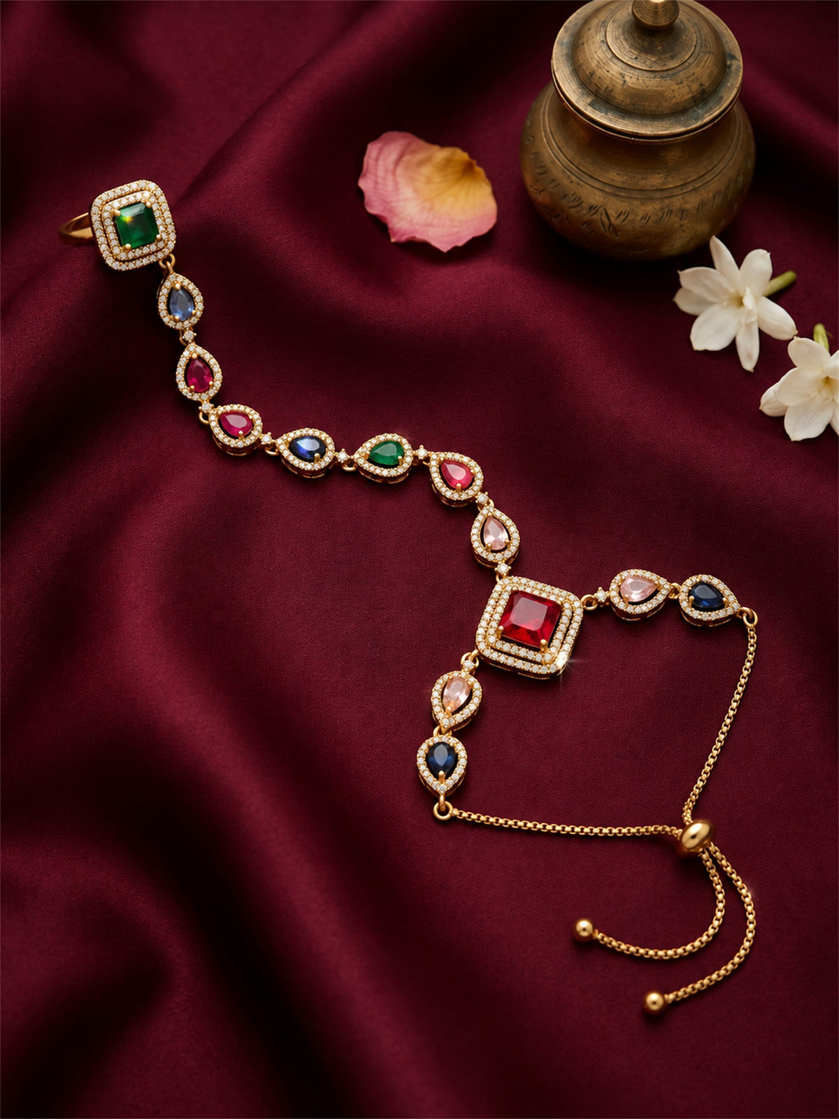 Multicolor Square Halo and Teardrop Hathphool - Mehndi Plated