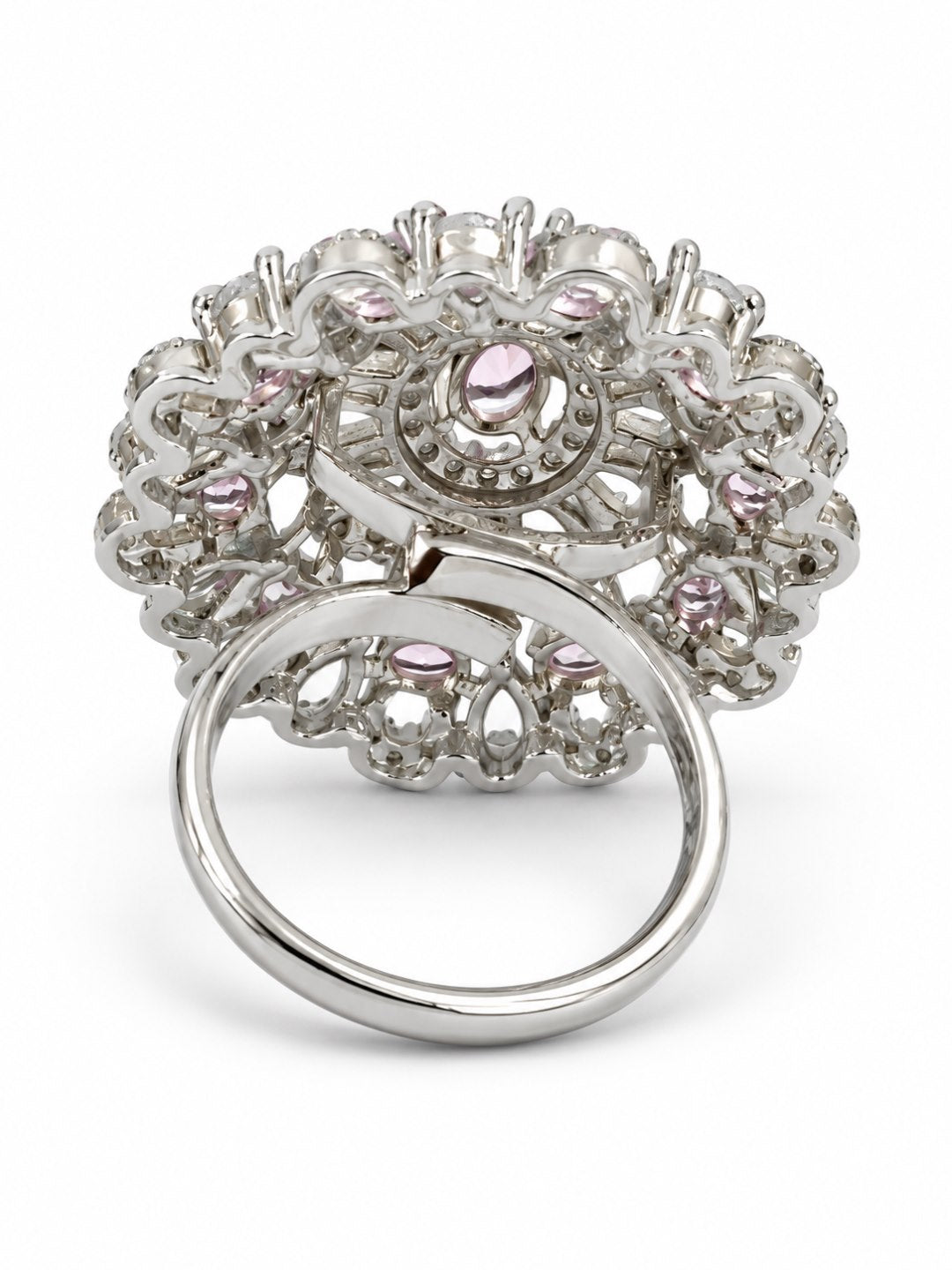 Pink Oval Center Floral Cluster Ring - Silver Plated - alternate view