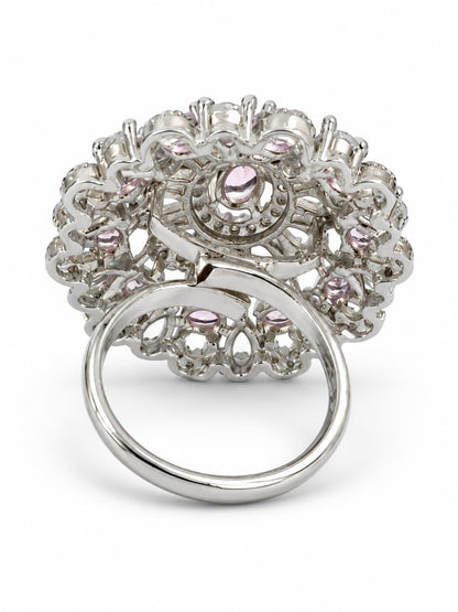 Pink Oval Center Floral Cluster Ring - Silver Plated - alternate view