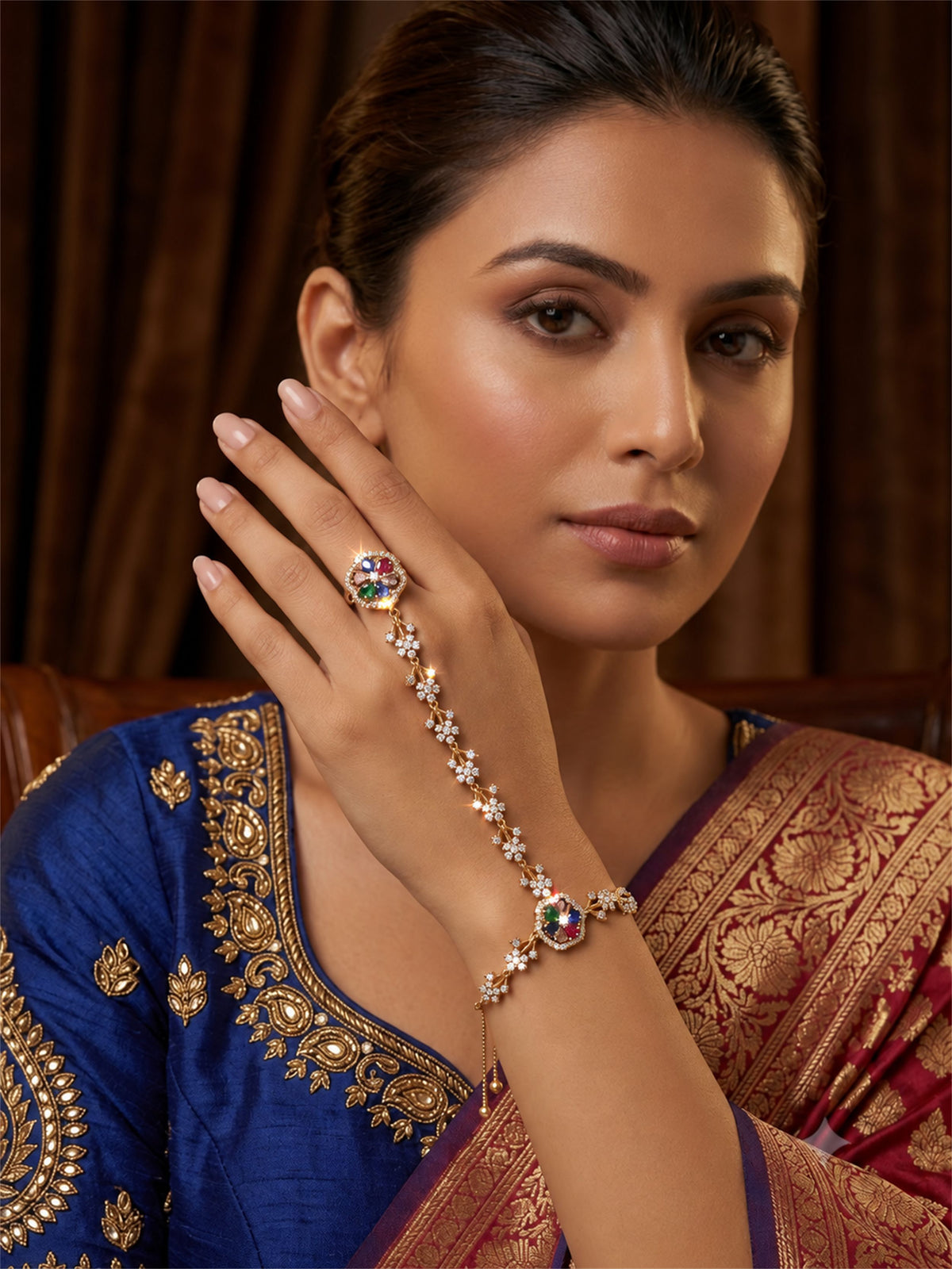 Multicolor Floral Marquise-Stone Chain Hathphool - Mehndi Plated