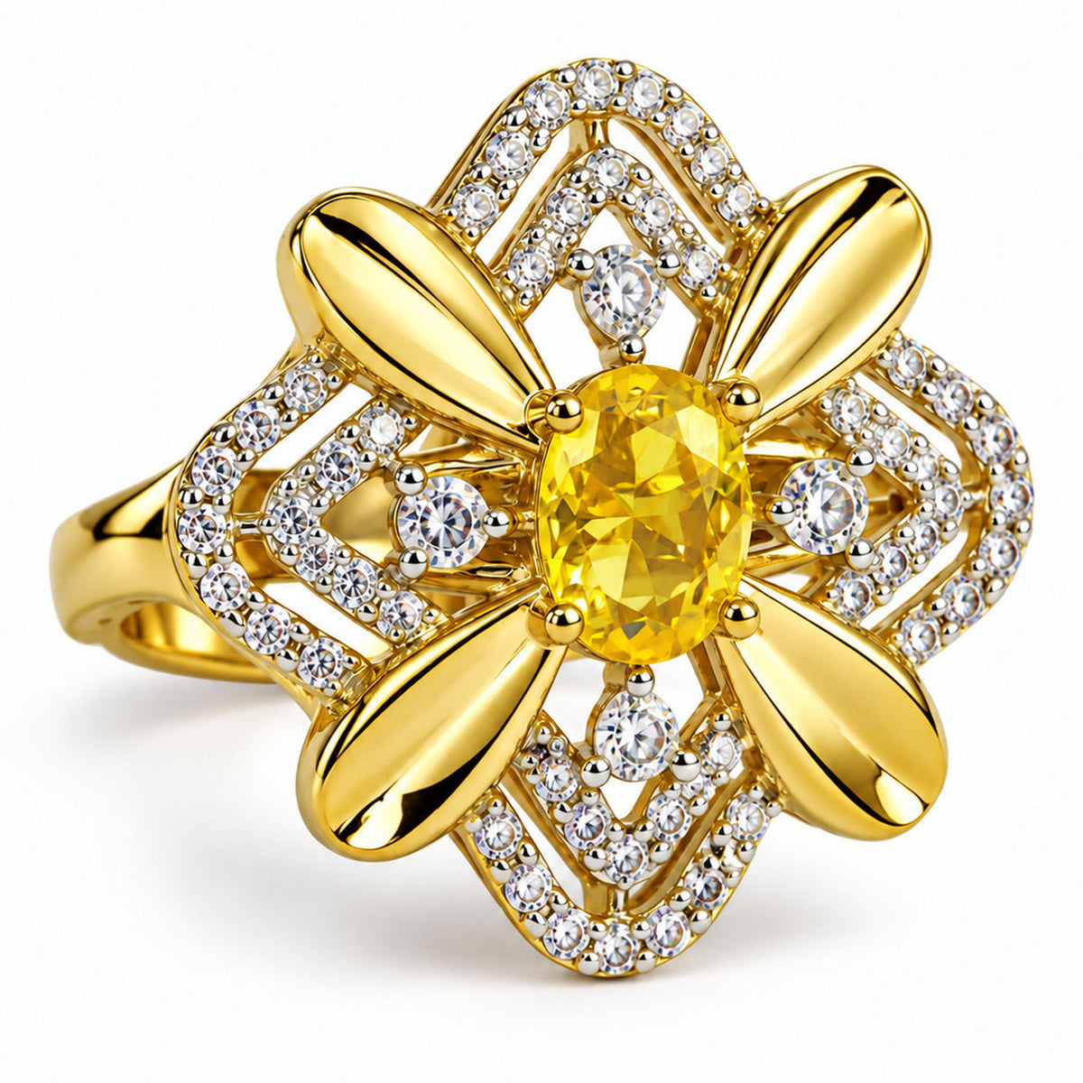 Yellow Center Stone Four-Petal Floral Ring - Gold Plated