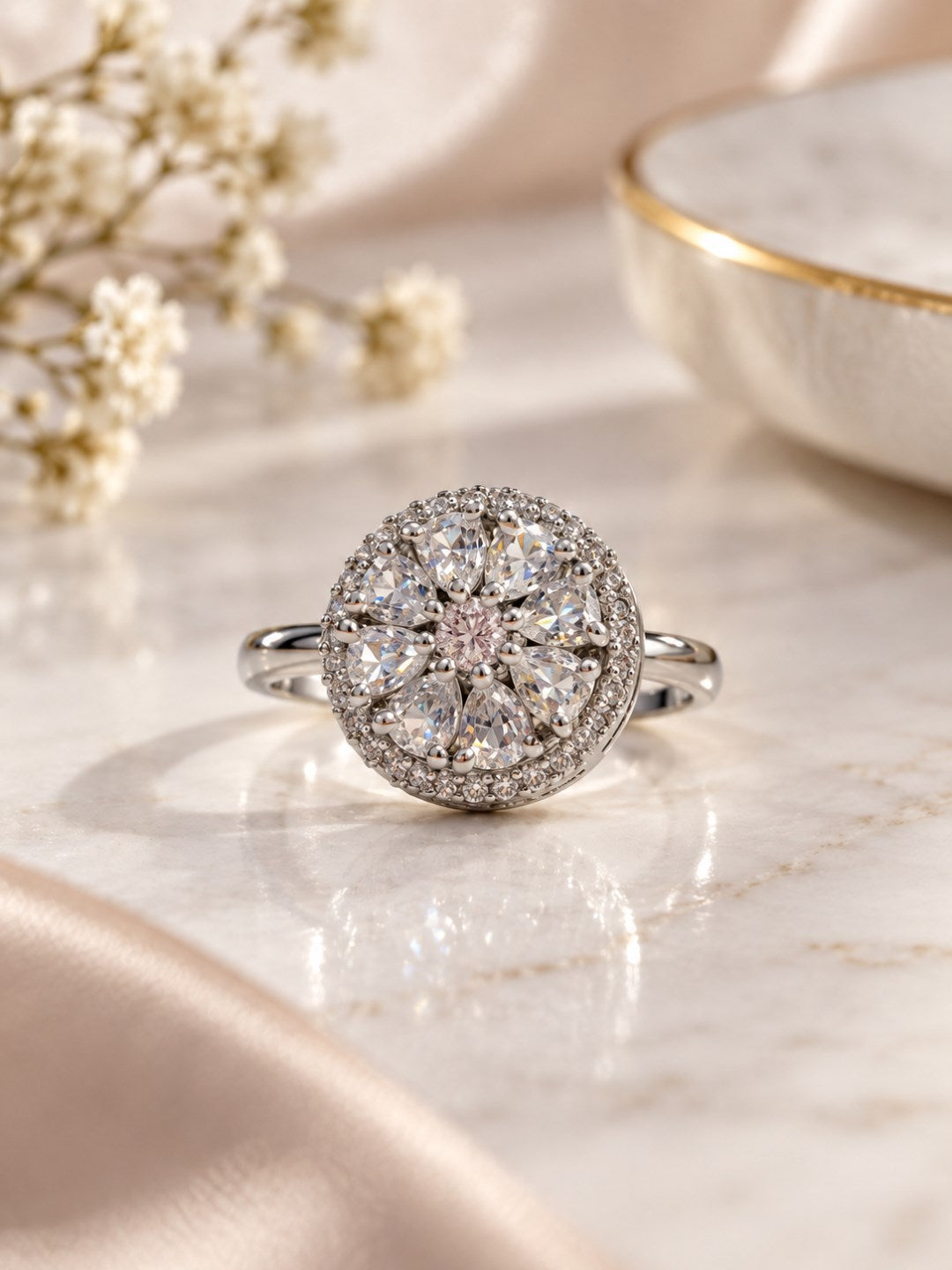 Clear Round Floral Cluster Ring - Silver Plated