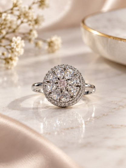 Clear Round Floral Cluster Ring - Silver Plated