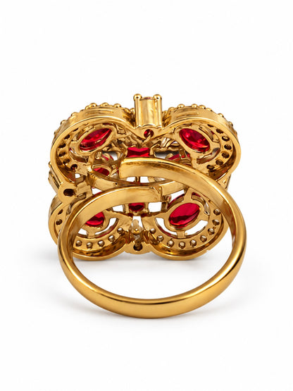 Red Stone Four Leaf Clover Cluster Ring - Gold Plated, additional view 5