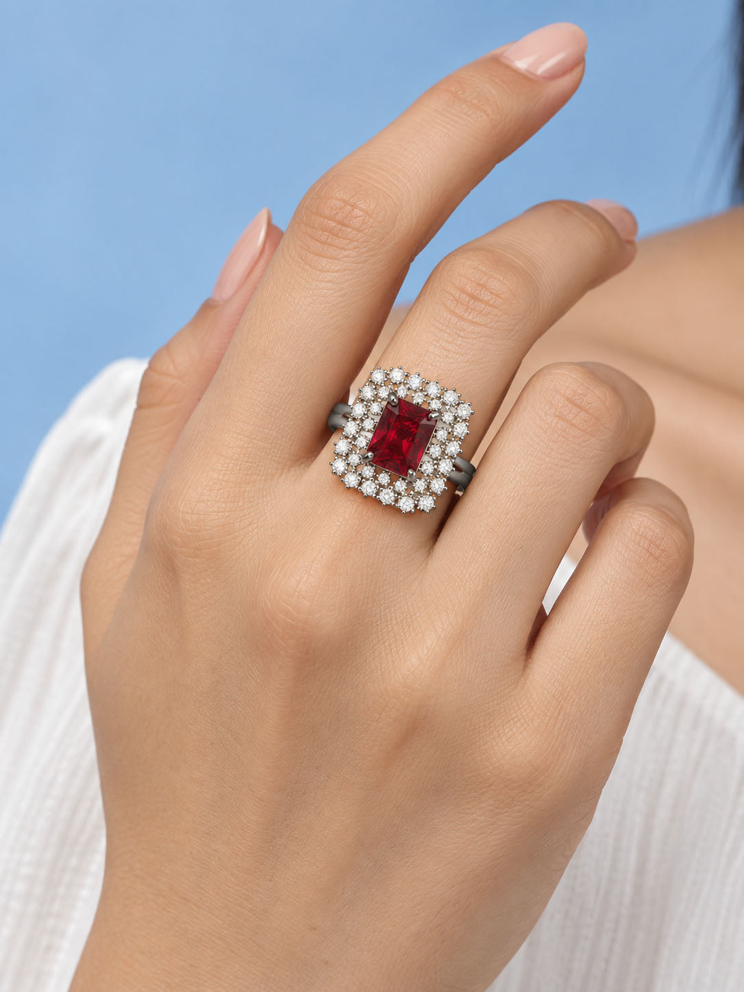 Silver Pink Stone AD Ring – Rectangle-Cut with Heavy Halo Design - product image 8