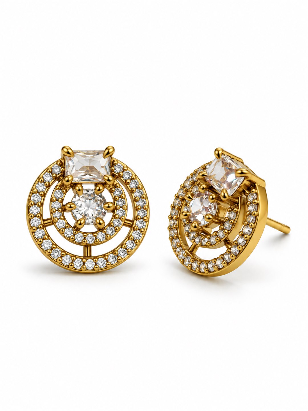 Clear Stone Double Halo Stud Earrings, gold plated, alternate product view