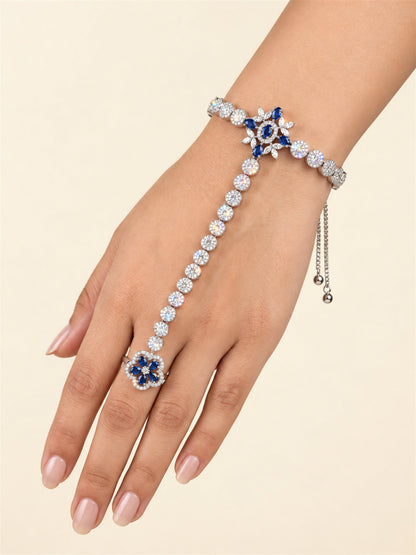 Blue silver-plated floral round-stone chain hathphool worn on hand