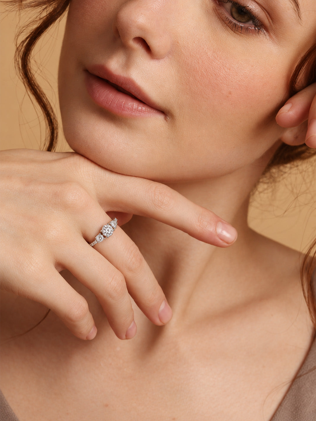 Clear Three Stone Pave Band Ring - Silver Plated, model close-up