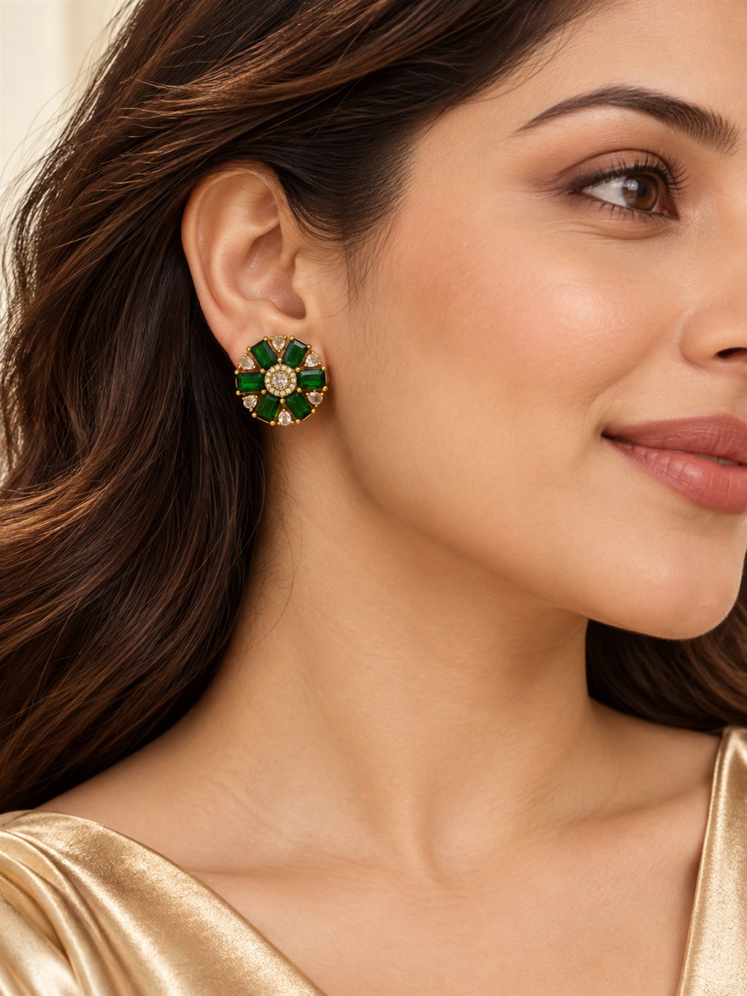Green Baguette Petal Floral Stud Earrings - Gold Plated on a model