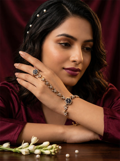 Purple Floral Marquise-Stone Chain Hathphool - Mehndi Plated
