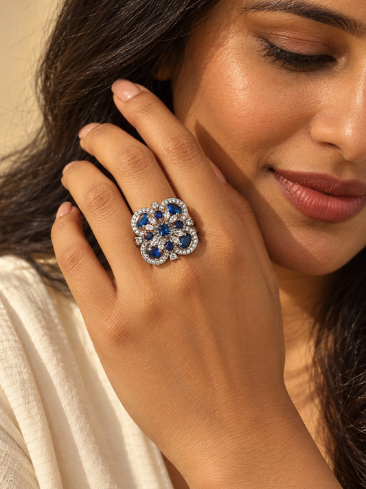 Blue Square Center Quatrefoil Ring - Silver Plated worn on hand - close-up