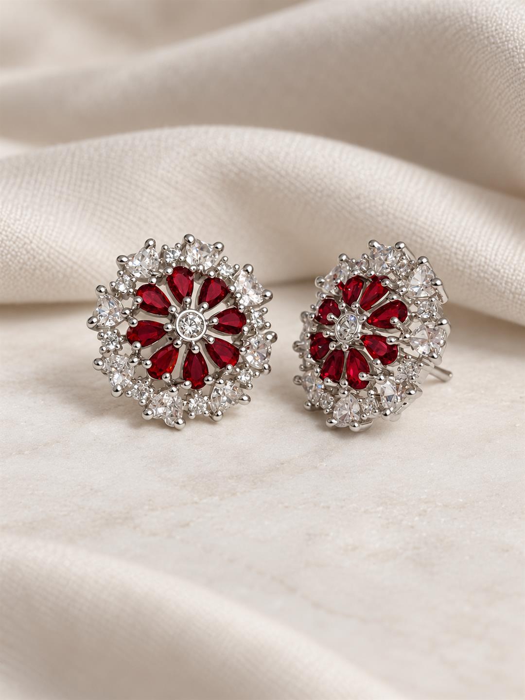 Red heart-petal flower silver-plated stud earrings