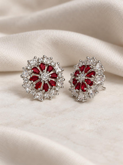 Red heart-petal flower silver-plated stud earrings