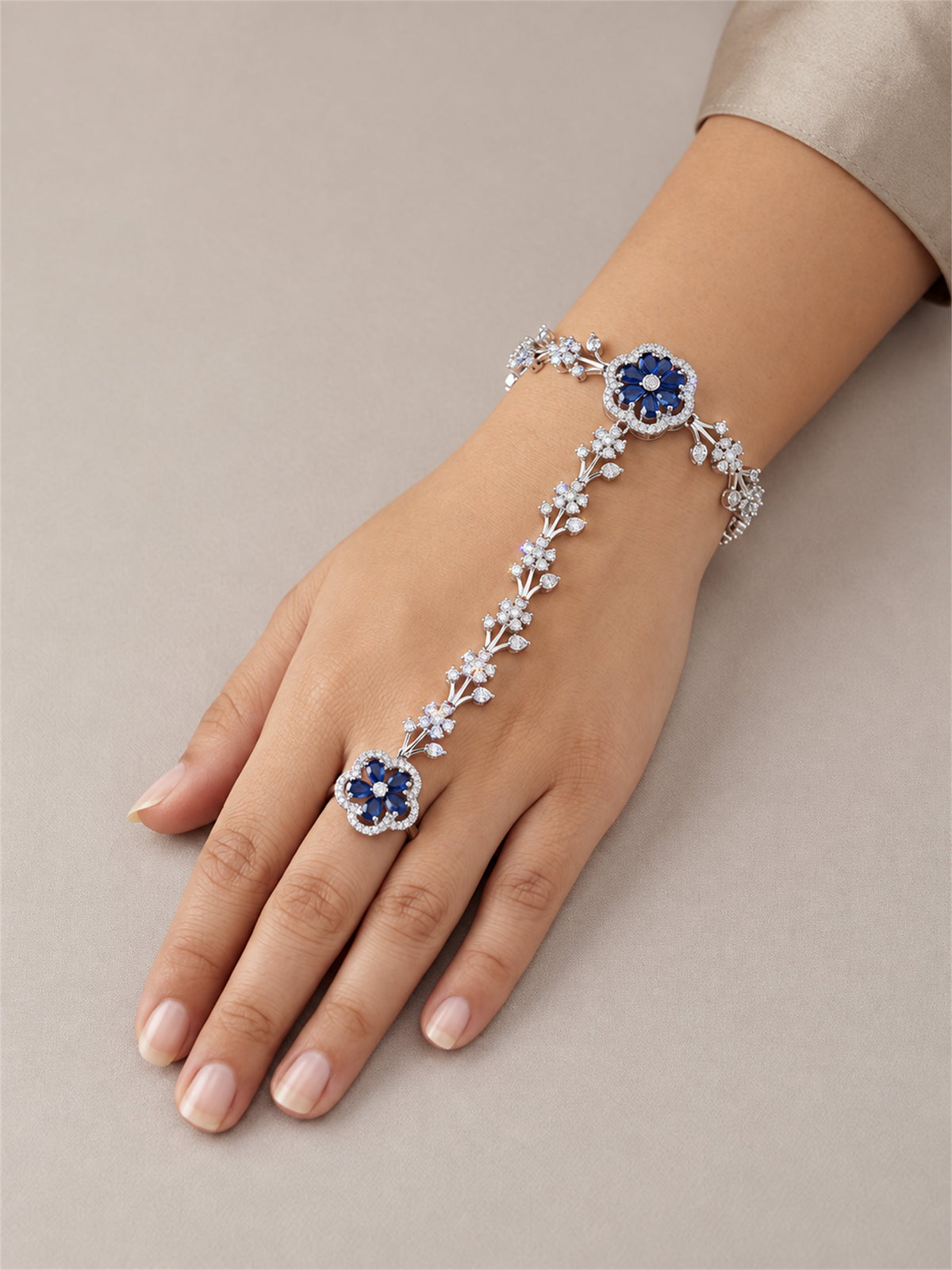 Blue silver-plated floral marquise-stone chain hathphool worn on hand