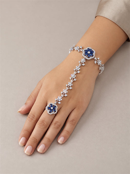 Blue silver-plated floral marquise-stone chain hathphool worn on hand