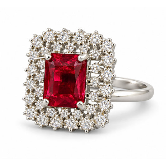 Silver Pink Stone AD Ring – Rectangle-Cut with Heavy Halo Design - white-background product image