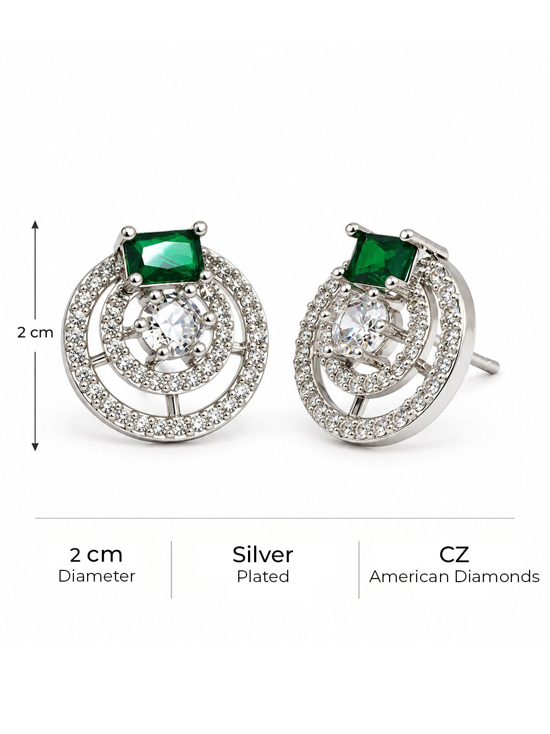 Green Stone Double Halo Stud Earrings, silver plated, size and plating details