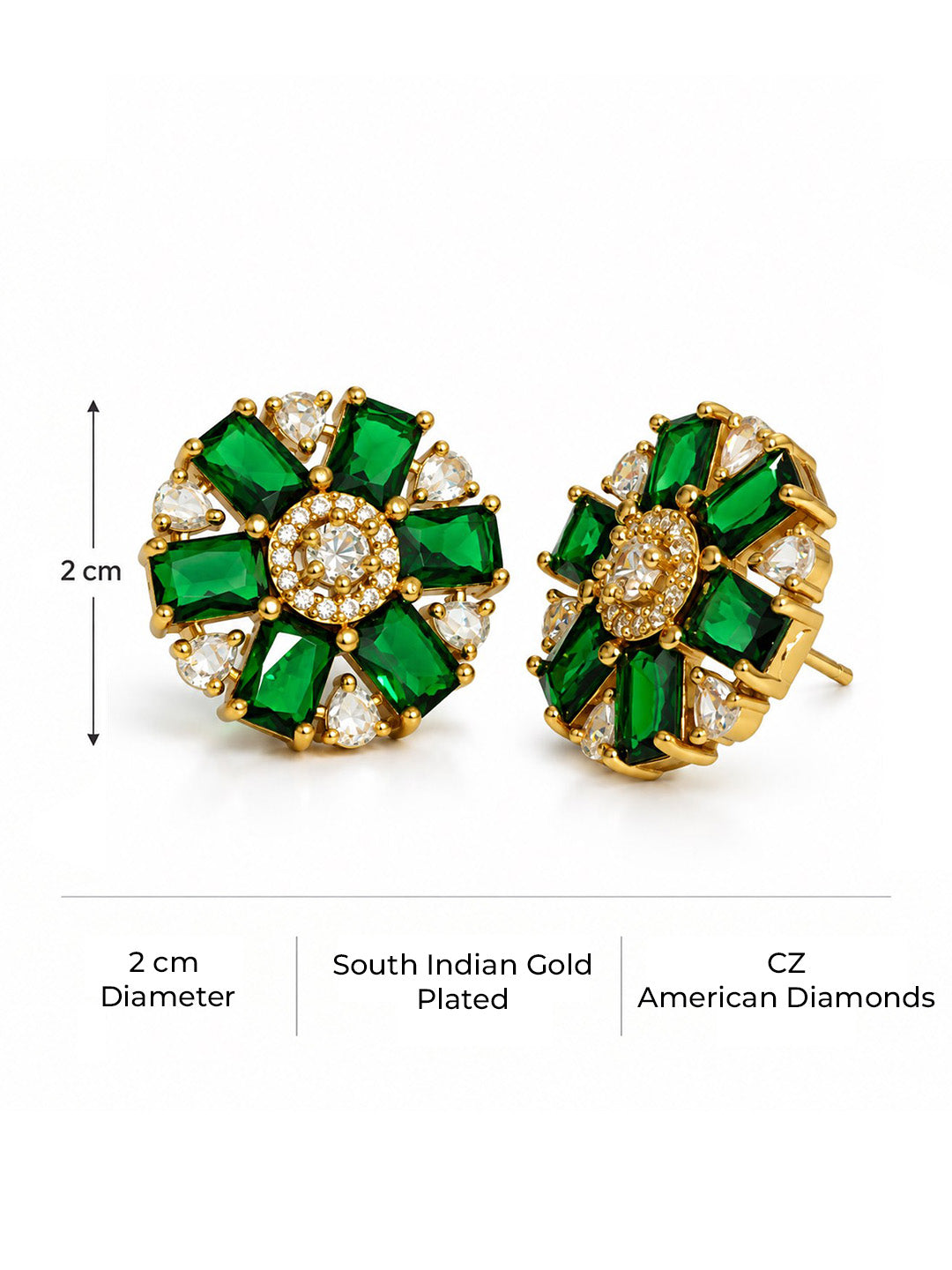 Green Baguette Petal Floral Stud Earrings - Gold Plated
