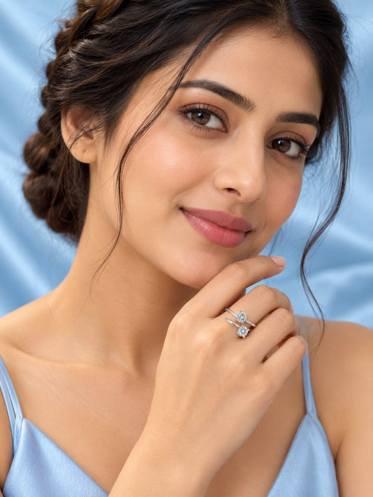 Clear Twin Stone Open Ring - Silver Plated, model close-up