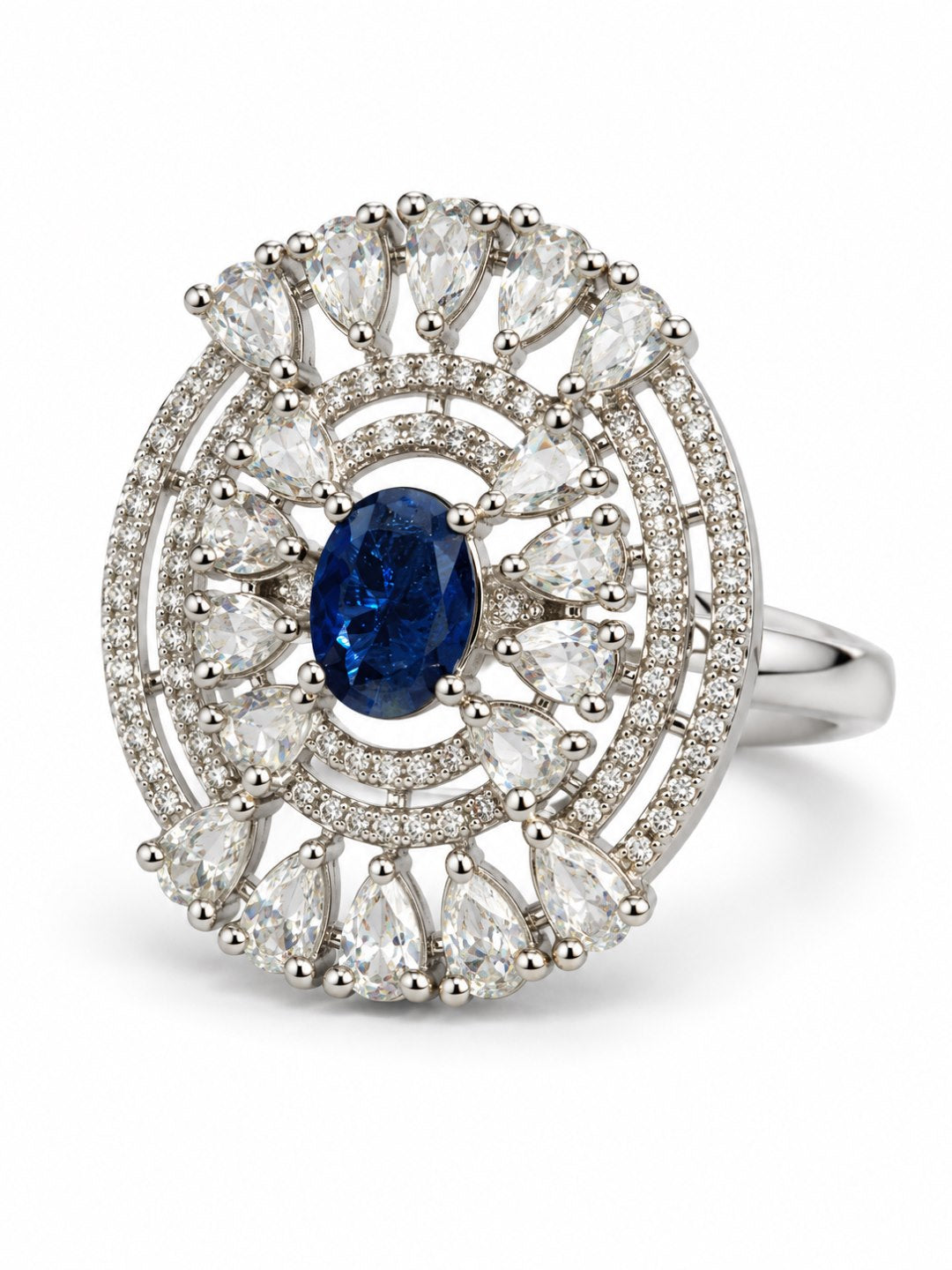 Blue Oval Center Halo Ring - Silver Plated - alternate view